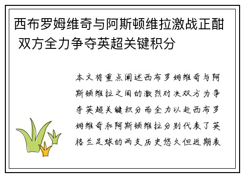 西布罗姆维奇与阿斯顿维拉激战正酣 双方全力争夺英超关键积分